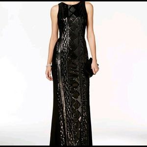 Adrianna Papell Geometric Sequin Black Gown
